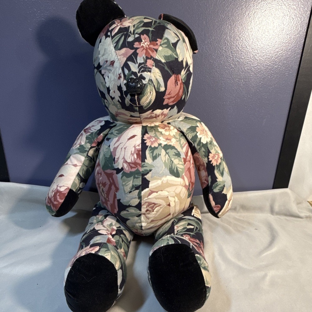 Handmade Coleman Critters Floral Fabric Plush Teddy Bear Black Ears/Paws 21 in